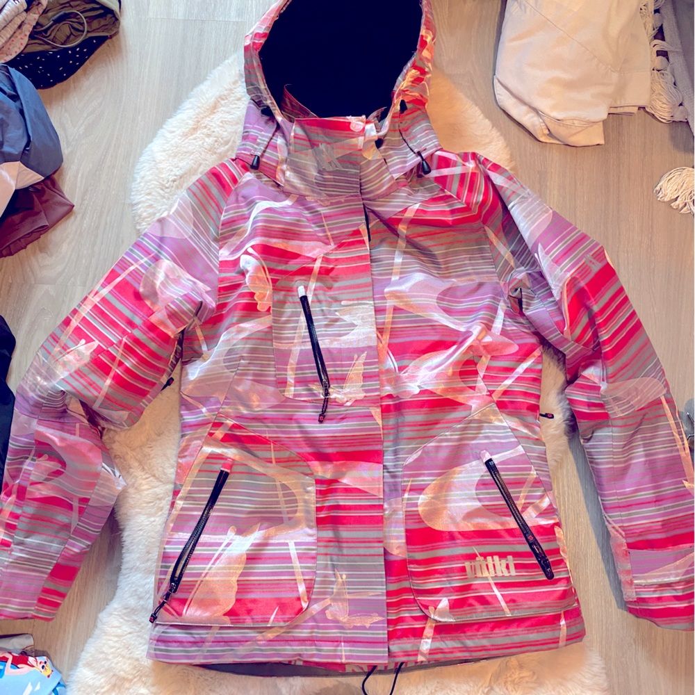 Women’s Pink Striped Hooded Ski Jacket - Insulated Snow Shell